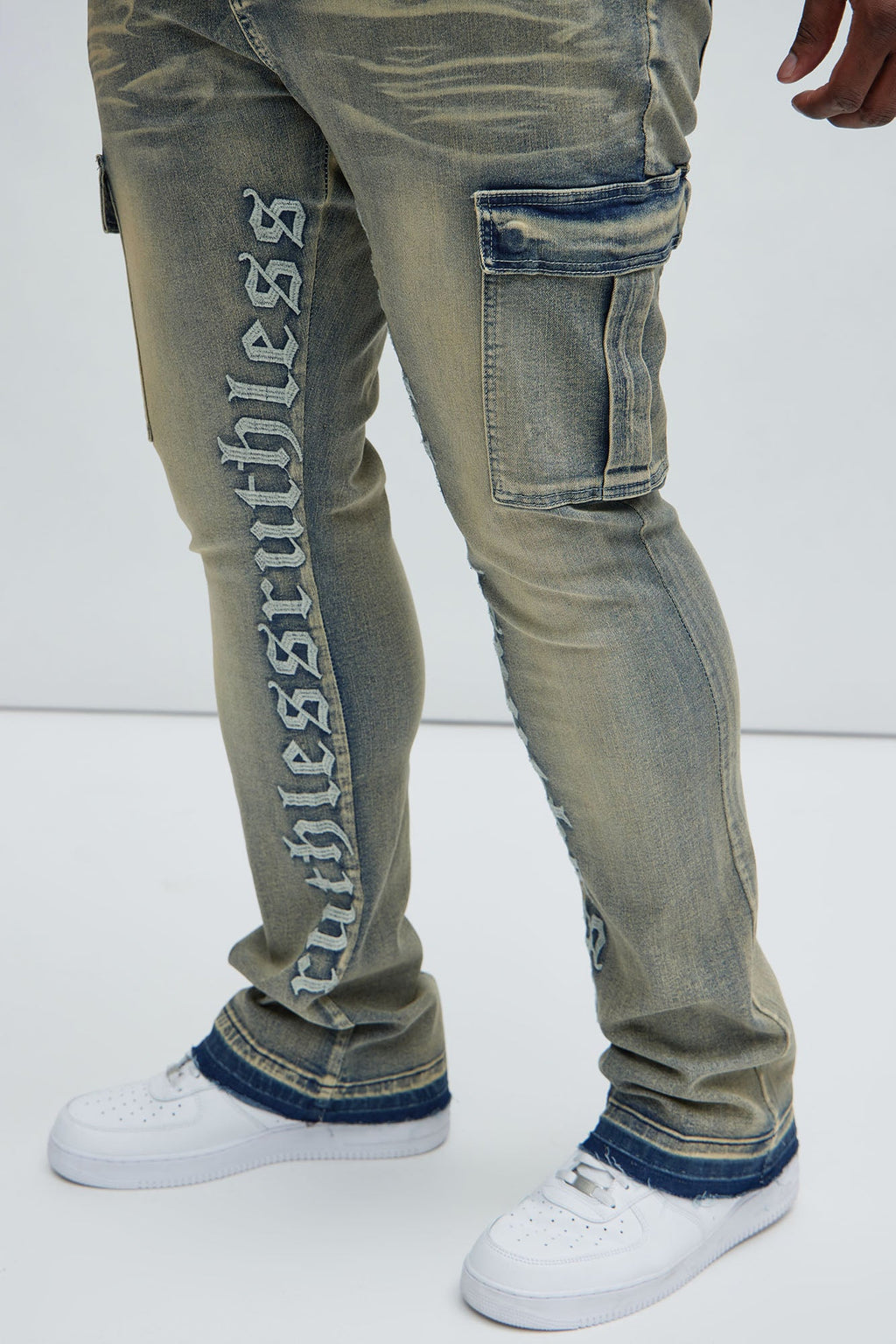 Ruthless Embroidered Stacked Skinny Cargo Flare Jeans - Medium Wash - HCWP 