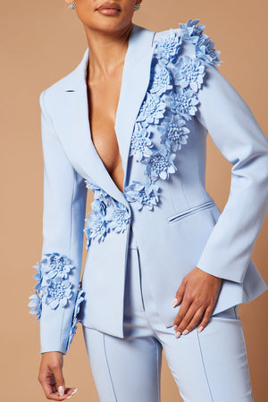 Claudette Floral Embroidered Blazer Set - Light Blue - HCWP 