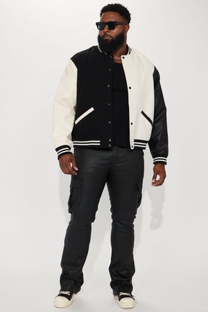 For The Books Faux Leather Sleeves Colorblock Varsity Jacket - Black/combo