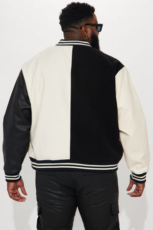 For The Books Faux Leather Sleeves Colorblock Varsity Jacket - Black/combo