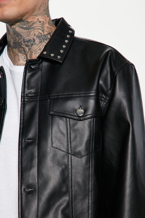 Faux Leather Studded Collar Trucker Jacket - Black - HCWP 