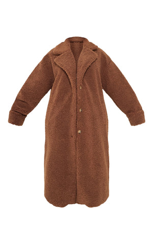 Plus Brown Oversized Teddy Borg Cuff Detail Coat - HCWP 
