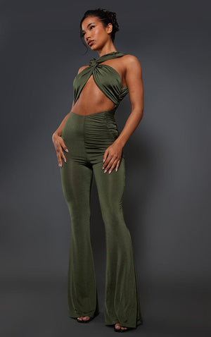 Moss Khaki Cross Strap Ruched Detail Flared Slinky Jumpsuit - HCWP 