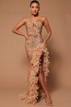 Esme Sequin Feather Maxi Dress - Nude - HCWP 