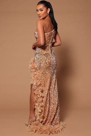Esme Sequin Feather Maxi Dress - Nude - HCWP 