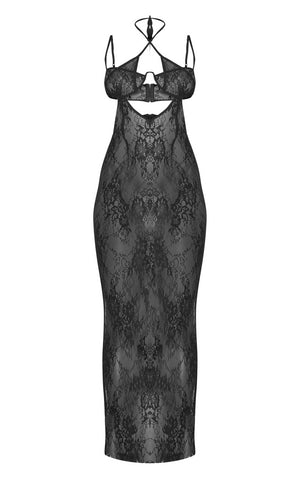 Black Sheer Contrast Lace Cut Out Detail Maxi Dress - HCWP 
