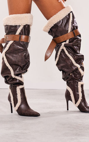 Brown Pu Borg Detail Point Toe Buckle Over The Knee High Heeled Boots