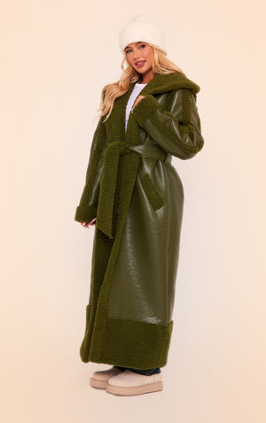 Khaki Faux Leather Oversized Lapel Borg Lined Belted Coat - HCWP 