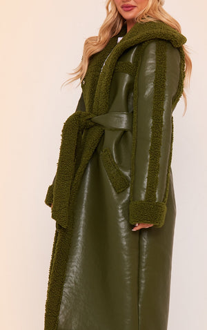 Khaki Faux Leather Oversized Lapel Borg Lined Belted Coat - HCWP 
