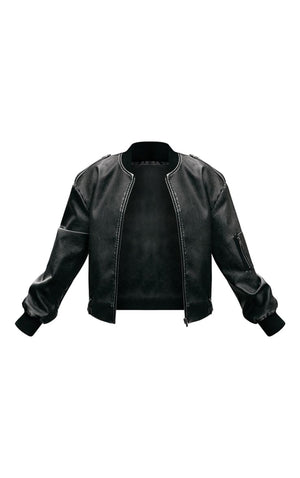 Washed Black Faux Leather Distressed Zip Detail Bomber Jacket - HCWP 