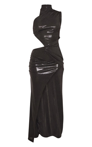 Black Metallic Asymmetric Cut Out Maxi Dress - HCWP 