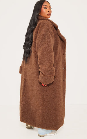 Plus Brown Oversized Teddy Borg Cuff Detail Coat - HCWP 