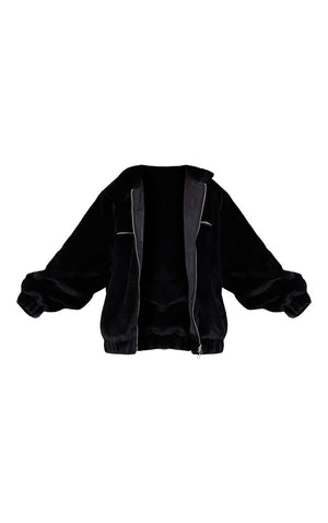 Black Faux Fur Zip Up Jacket - HCWP 