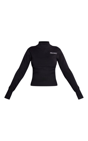 Plus Black Embroidered Zip Up Knit Ski Base Layer Top - HCWP 