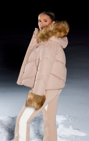 Beige Tipped Faux Fur Trim Quilted Puffer Coat - HCWP 