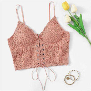SHEIN Pink Eyelet Lace Up Zipper Back Stretchy Sexy Crop Top Surplice Wrap Solid Slim Fit Short Cami Top 2019 Women Crop Top