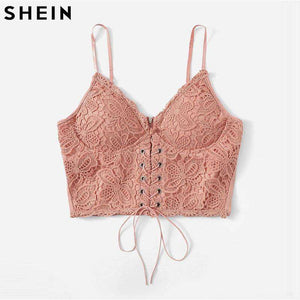 SHEIN Pink Eyelet Lace Up Zipper Back Stretchy Sexy Crop Top Surplice Wrap Solid Slim Fit Short Cami Top 2019 Women Crop Top
