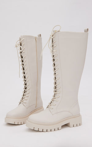 Off White Wide Fit Pu Round Toe Hiker Knee Boots - HCWP 