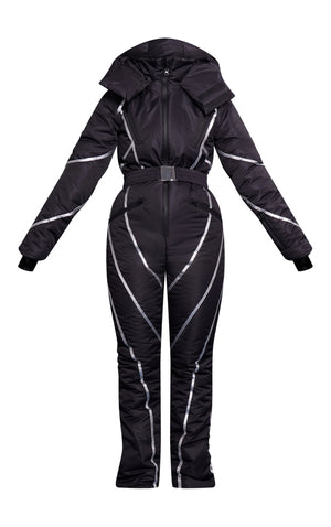 Plus Black Silver Binding Detail Belted Snowsuit - HCWP 