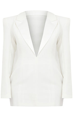 Plus White Tailored Satin Lapel Blazer Dress - HCWP 