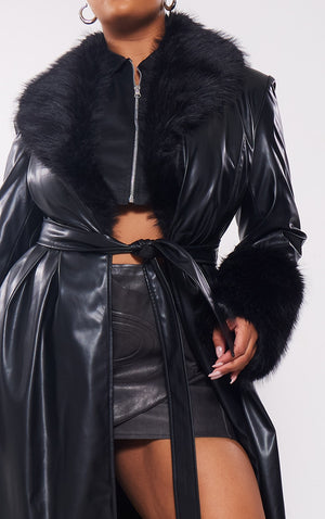 Plus Black Premium Faux Fur Trim Faux Leather Belted Trench - HCWP 