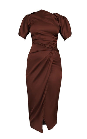 Chocolate Satin Short Sleeve Ruched Midaxi Dress