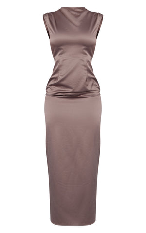 Taupe Satin Cut Out Back Ruched Bum Midaxi Dress - HCWP 