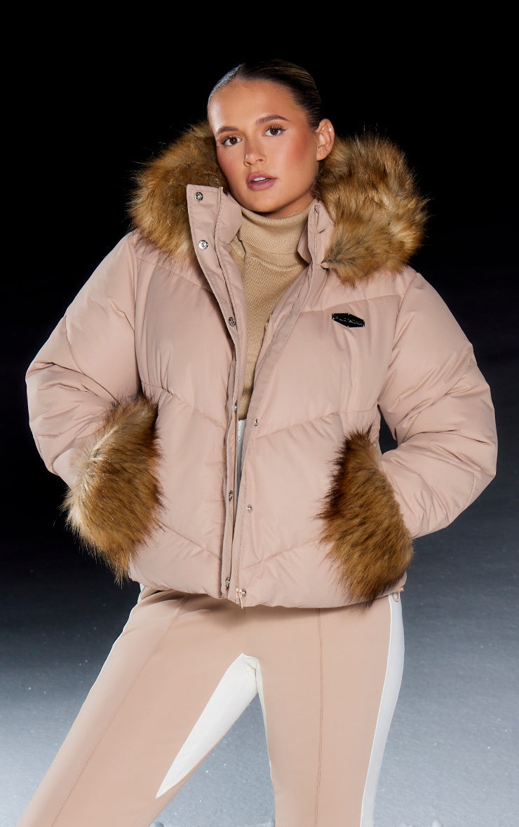 Beige Tipped Faux Fur Trim Quilted Puffer Coat - HCWP 