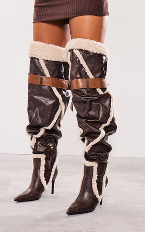 Brown Pu Borg Detail Point Toe Buckle Over The Knee High Heeled Boots