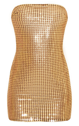 Gold Sheer Sequin Bandeau Bodycon Dress - HCWP 