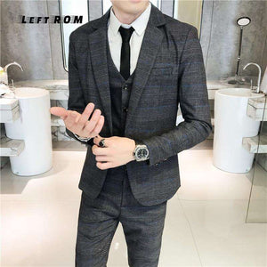 Jacket+Vest+Pants Plaid Mens Wedding Suit Male Blazers Slim Fit Suits for Men Costume Business Formal Party Classic Gray/Navy