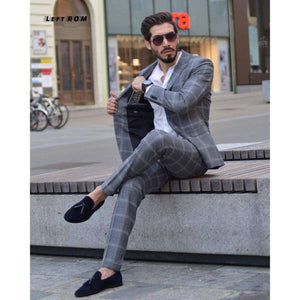 Jacket+Vest+Pants Plaid Mens Wedding Suit Male Blazers Slim Fit Suits for Men Costume Business Formal Party Classic Gray/Navy