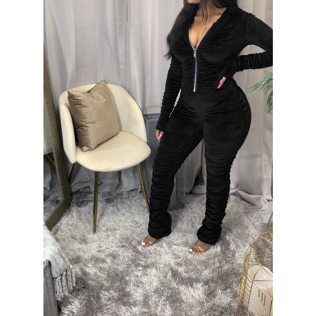 Velvet Ruched Bodycon Hoodies Jumpsuit