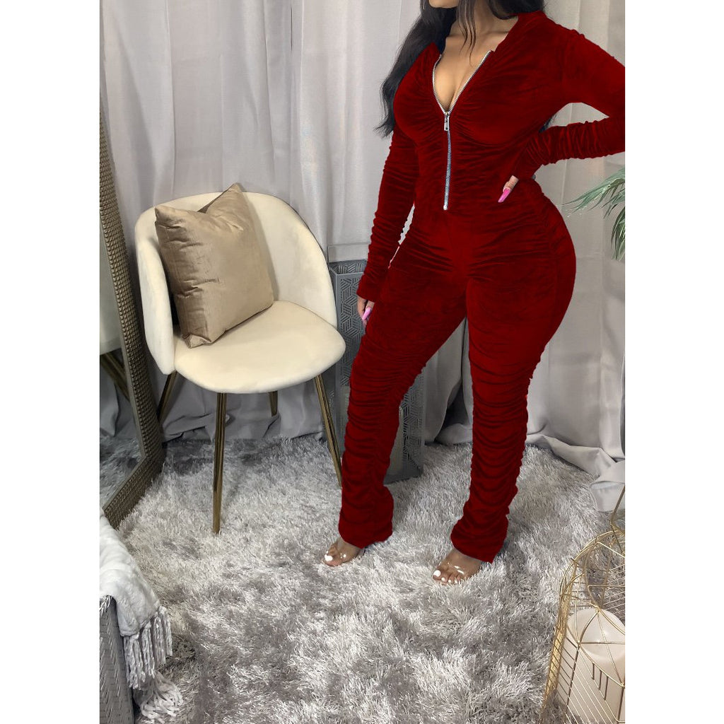 Velvet Ruched Bodycon Hoodies Jumpsuit