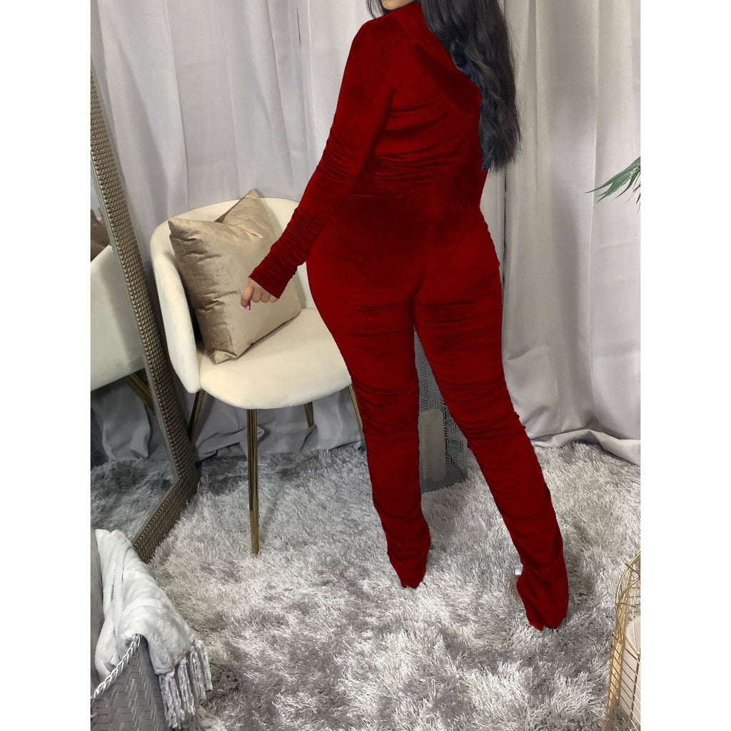 Velvet Ruched Bodycon Hoodies Jumpsuit