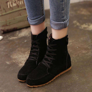 Women Flat Ankle Snow Motorcycle Boots Female Suede Leather Lace-Up Boot