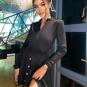 Tossy Knitted Pleated Skirt Set Women Sexy Long Sleeve Slim Tops And High Waisted Mini Skirt Dress Two Piece Set Y2K 2021 Chic