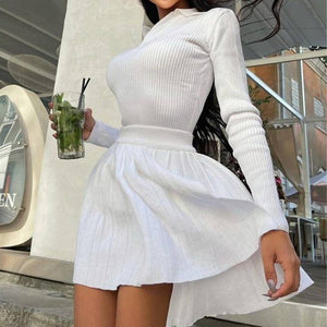 Tossy Knitted Pleated Skirt Set Women Sexy Long Sleeve Slim Tops And High Waisted Mini Skirt Dress Two Piece Set Y2K 2021 Chic